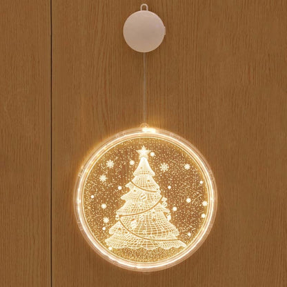 Hanging round LED Christmas light with tree illustration and warm glow