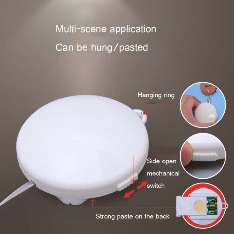 Hanging round LED light with open side compartment, switch, and hanging ring