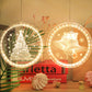 Two hanging round LED lights with tree and animal-themed winter illustrations