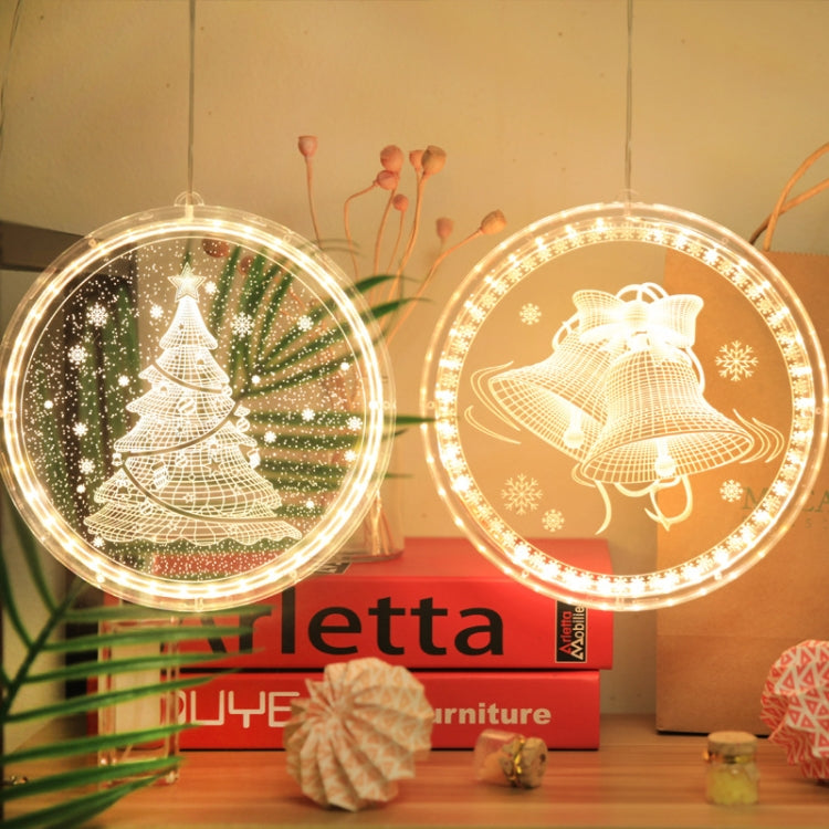 Two hanging round LED lights with tree and animal-themed winter illustrations