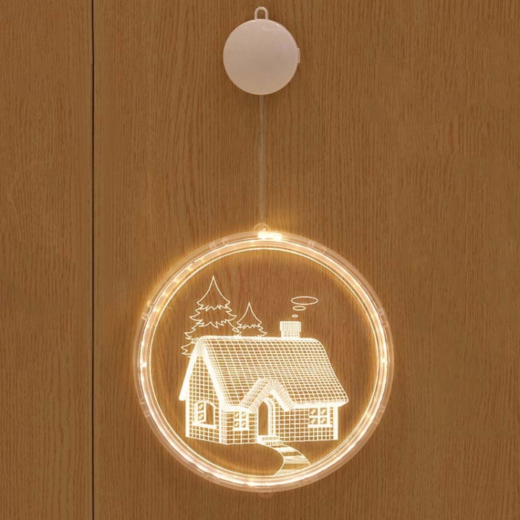Hanging LED light decoration with house and pine tree silhouette scene