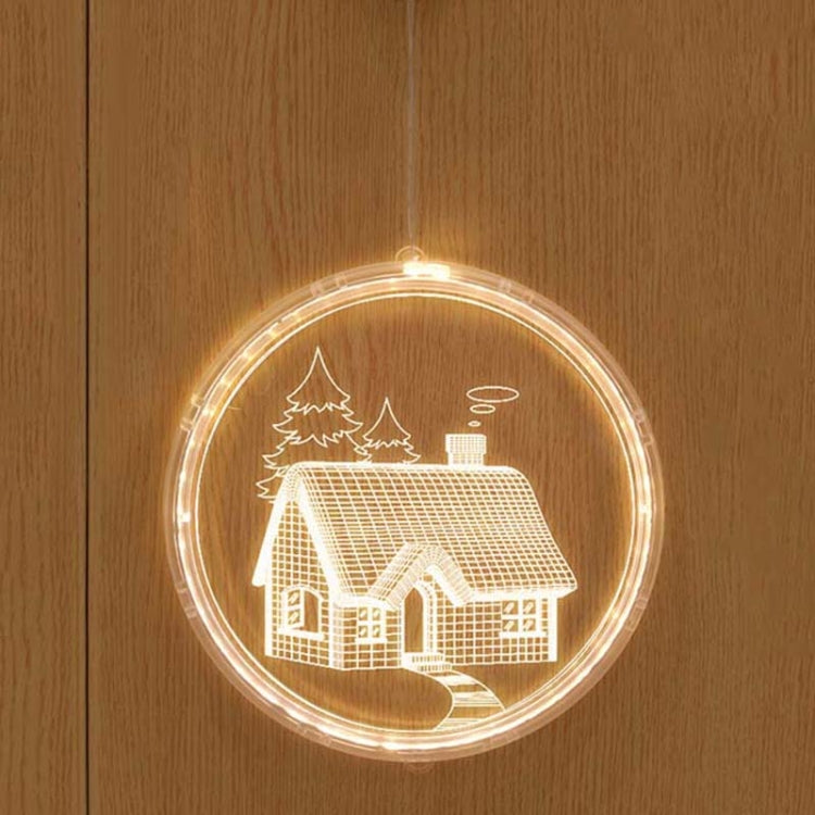 LED 3D hanging decoration light with Christmas house scene glow, round frame