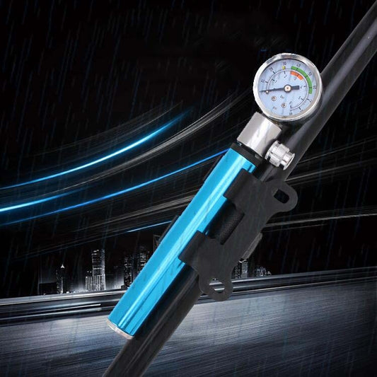 Blue mini bicycle air pump with pressure gauge and black mounting handle