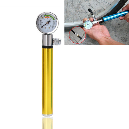 Yellow mini bicycle air pump with pressure gauge and metal nozzle