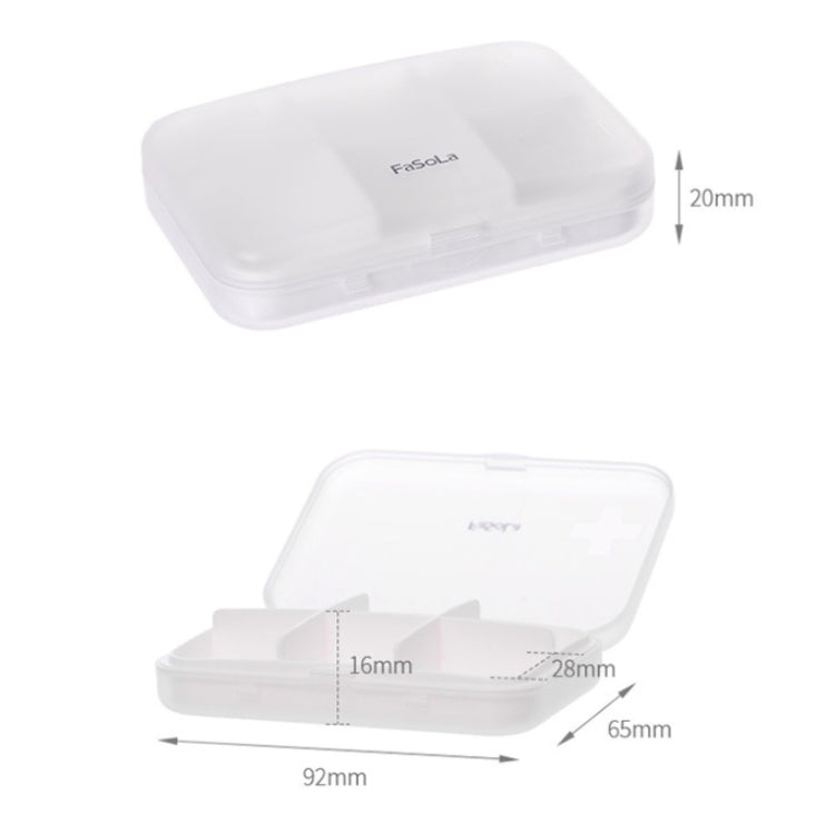 Compact white pill box with clear-lid window and snap-shut hinge, rectangular shape