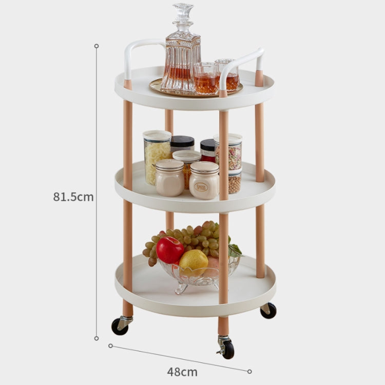 Three-tier round storage trolley with light wood legs and white shelves for tea service