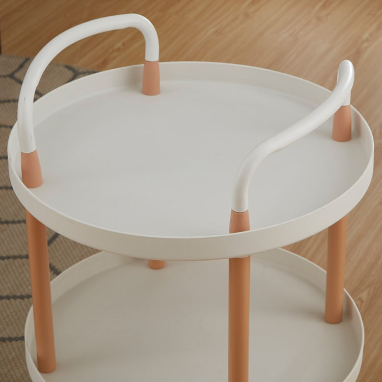 White three-tier storage trolley top shelf with rounded edges and light wood support legs