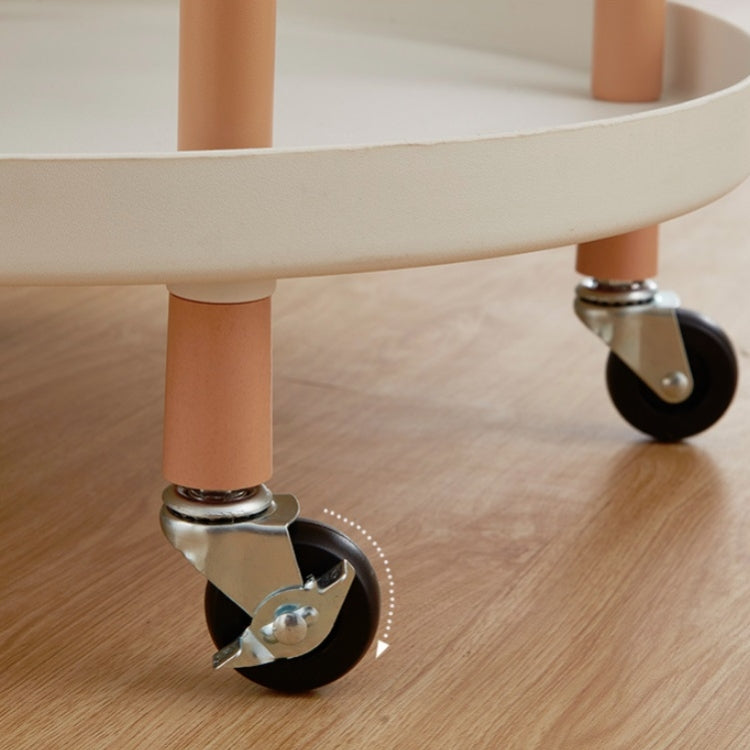 White storage trolley caster wheels with metal brackets and light wood legs