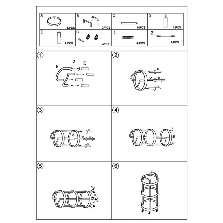 Round storage trolley assembly diagram showing parts and hardware