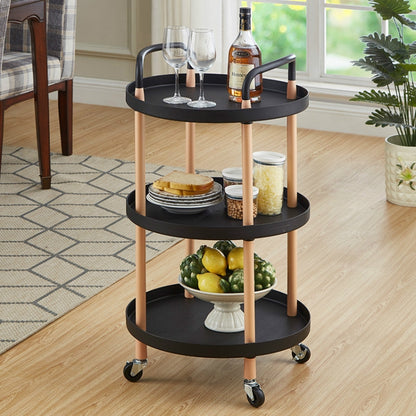 Three-tier round kitchen storage trolley with black shelves, light wood legs, rolling wheels