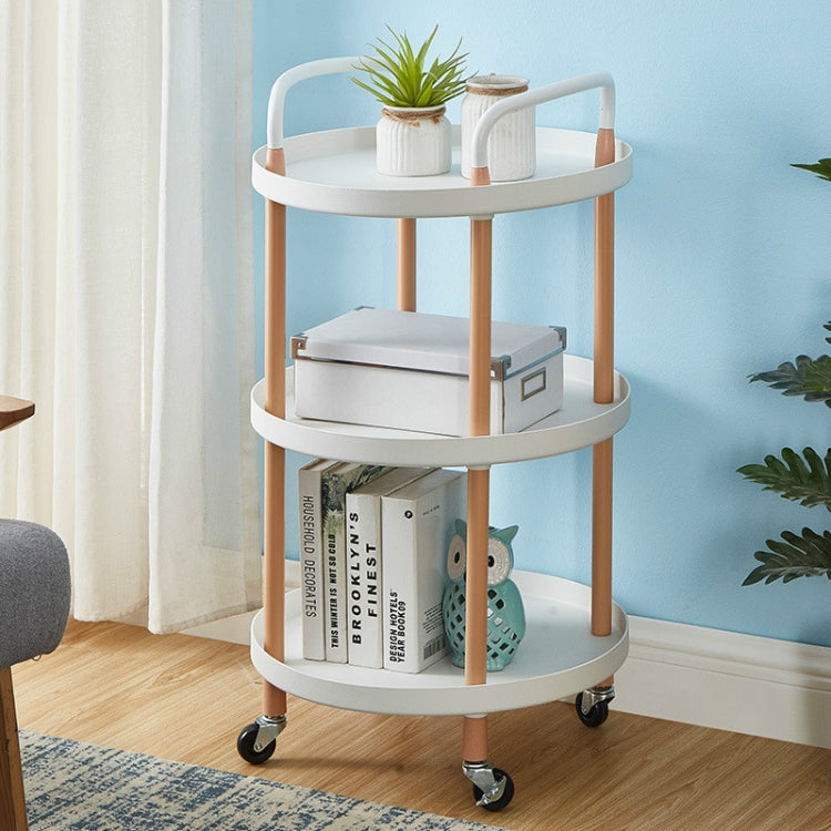 Three-tier round white storage trolley with curved handles and rolling caster wheels