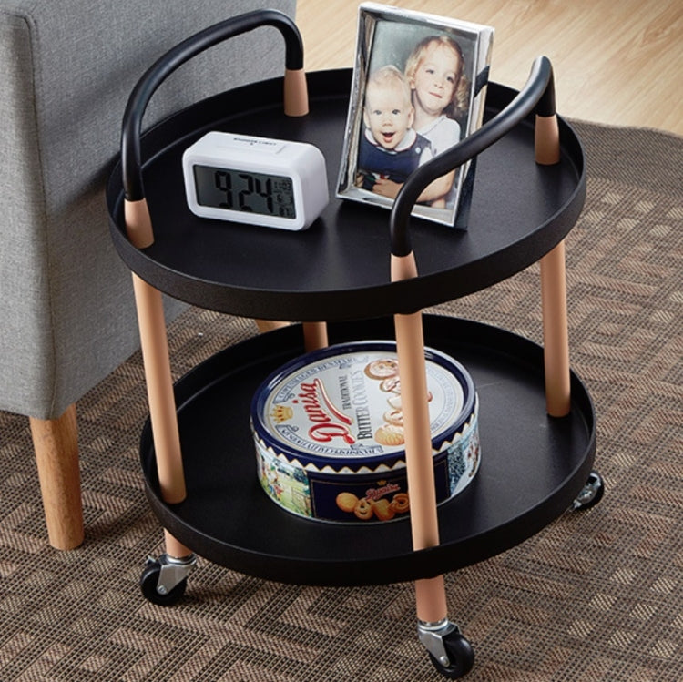 Three-tier round black storage trolley with tea canister display and caster wheels
