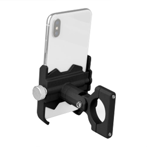 Black motorcycle phone holder with adjustable clamp and mirror-mount arm