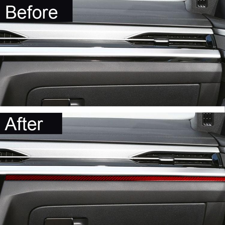 Dashboard trim sticker set installed on car dashboard, black strips with red accent