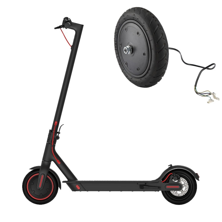 Pneumatic scooter drive wheel motor with black tire and axle, wire harness included