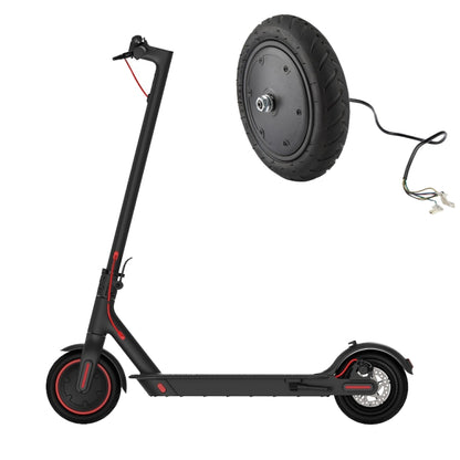 Pneumatic scooter drive wheel motor with black tire and axle, wire harness included