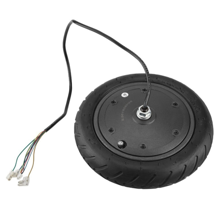 Scooter wheel motor with black pneumatic tire and exposed wiring connector lead