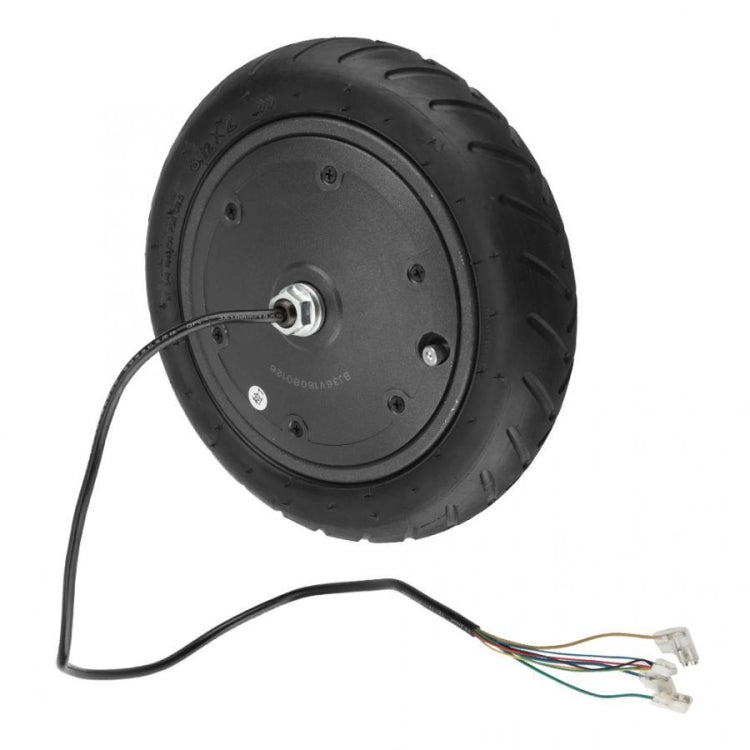 Black pneumatic drive wheel with axle shaft and attached wire leads