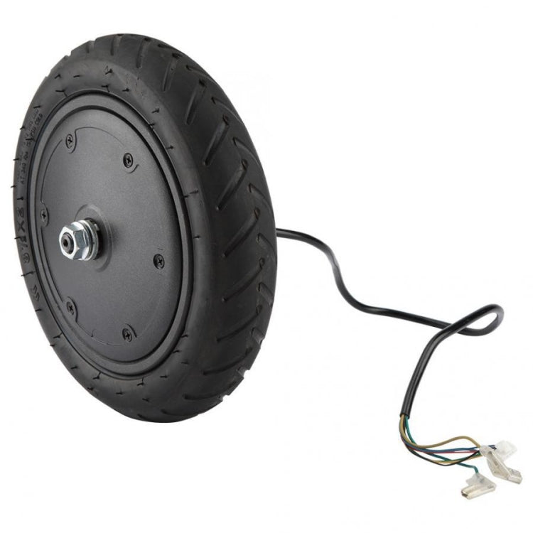 Pneumatic scooter wheel motor with black tire tread and attached wire harness