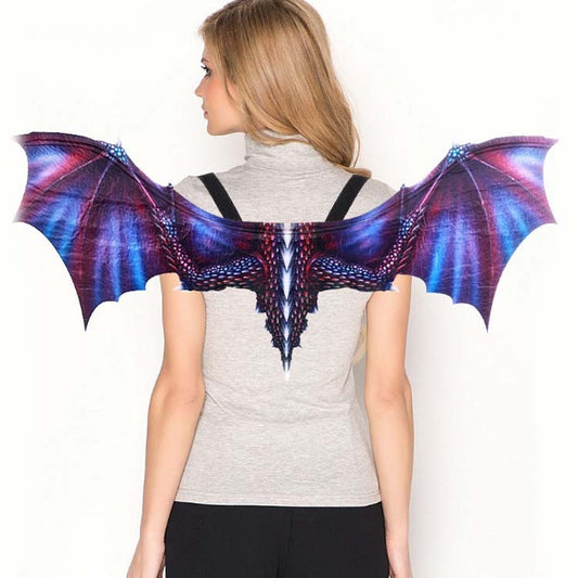 Blue-purple dragon wings cosplay prop with black harness straps for adult costume