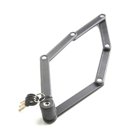 Gray four-section folding bicycle lock with key, scissor-style frame