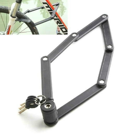 Black four-section folding bicycle lock with key, scissor-style frame