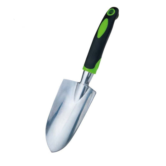 Wide aluminum garden shovel with black and green comfort handle