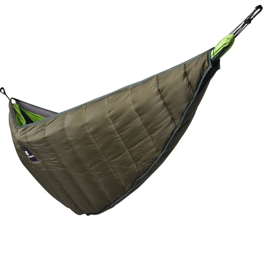 Quilted winter hammock cover in olive with green interior panel and side suspension straps
