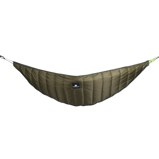 Winter hammock cover, olive quilted insulated fabric with hanging loops and label patch