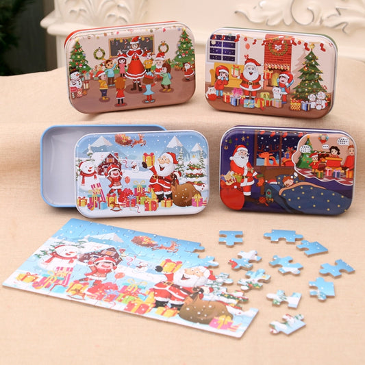 Set of four Christmas jigsaw puzzle tins with Santa, kids, gifts, and trees scenes