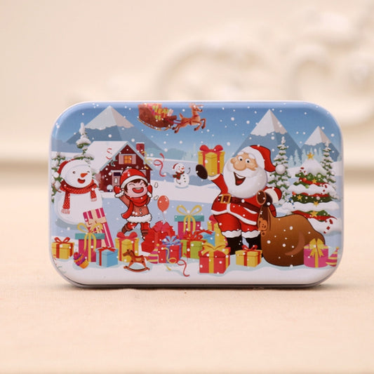 Rectangular Christmas tin puzzle with Santa, snowmen, gifts, and ornaments artwork