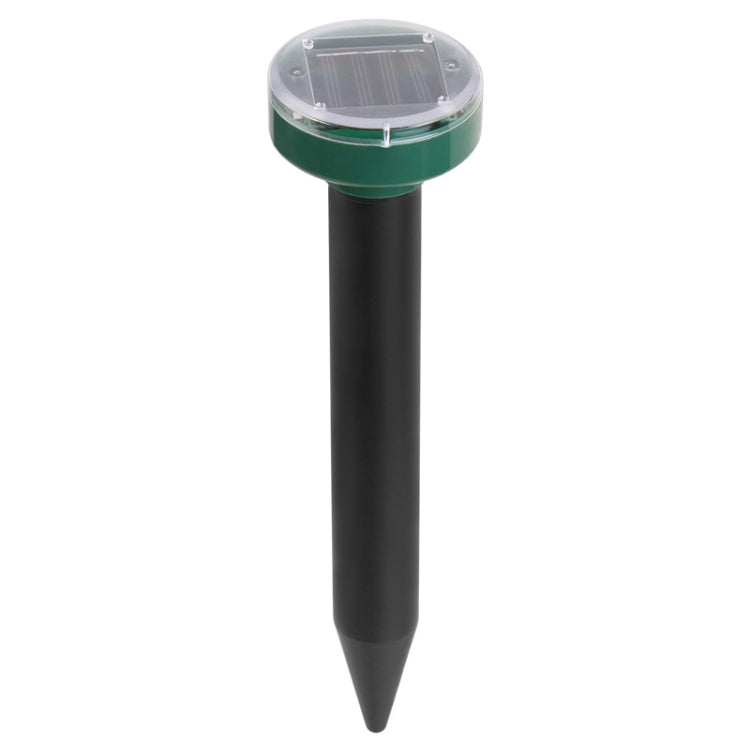 Solar mouse repeller stake with green solar cap and black pointed body