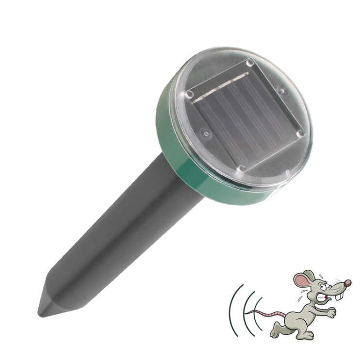 Solar ultrasonic mouse repeller stake showing green LED top and sound-wave icon