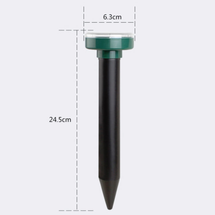 Solar mouse repeller stake with size dimensions; green solar cap and black body