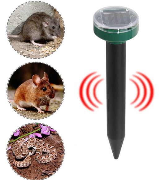 Solar ultrasonic mouse repeller stake with green LED top and red sound-wave icon
