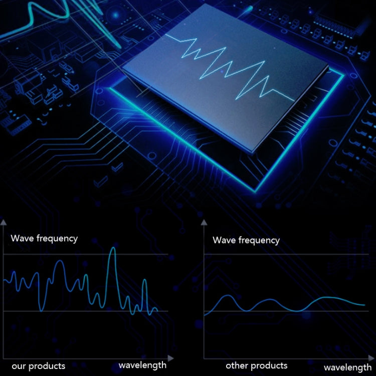 Electronic wave graphic with circuitry pattern; blue line diagram on dark board