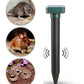 Solar ultrasonic mouse repeller stake with sound-wave icon and pest inset circles