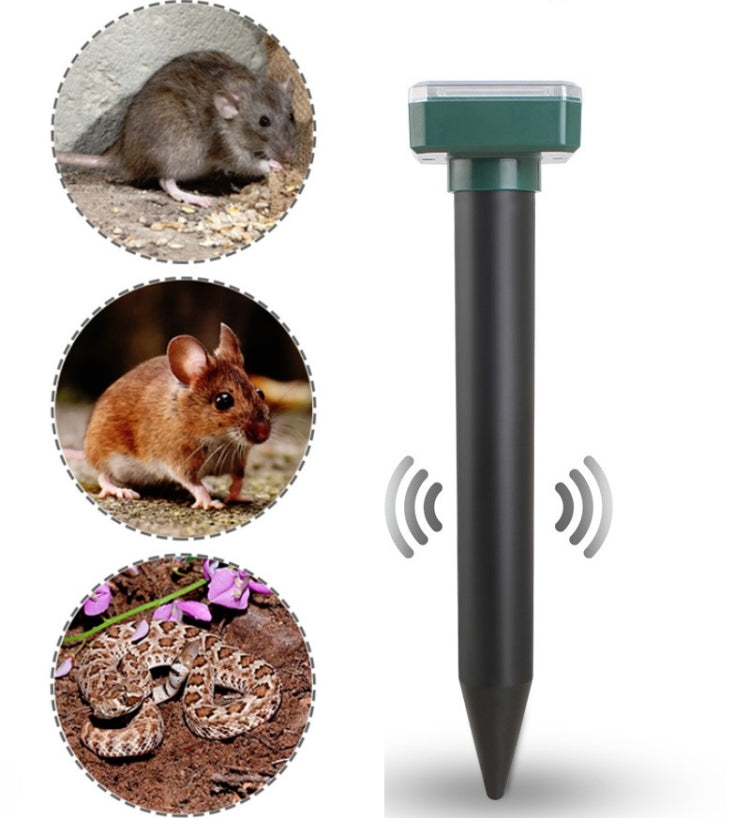Solar ultrasonic mouse repeller stake with sound-wave icon and pest inset circles