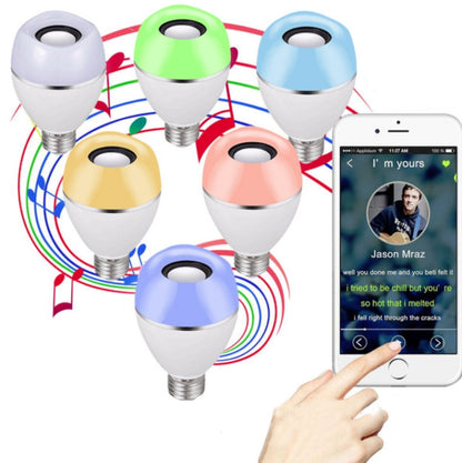 Smart LED music bulb with multicolor domes and E27 screw base, shown as color variants