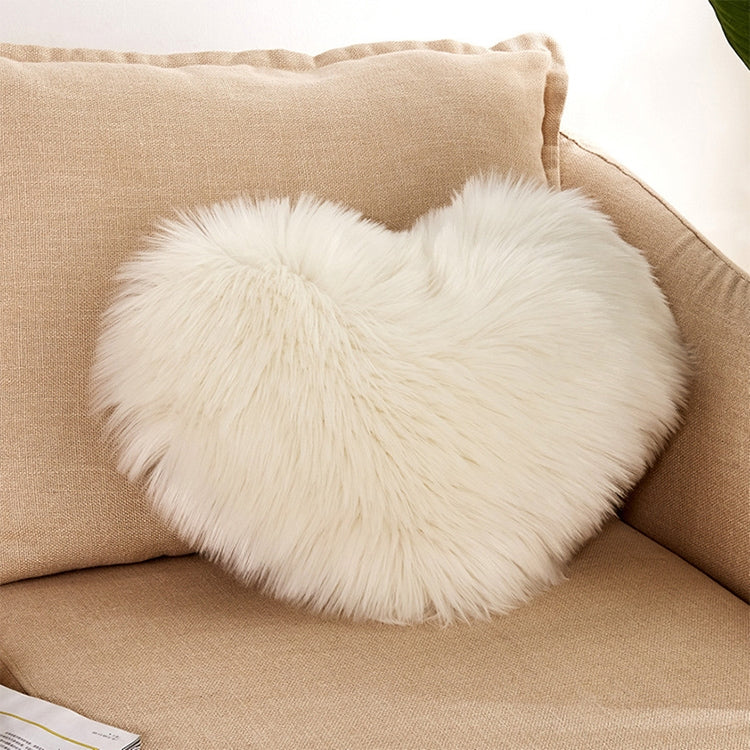 Heart-shaped faux fur cushion pillow, white fluffy pile