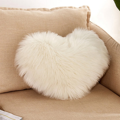 Heart-shaped faux fur cushion pillow, white fluffy pile
