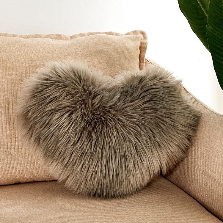 Heart-shaped faux fur cushion pillow, taupe-gray plush pile