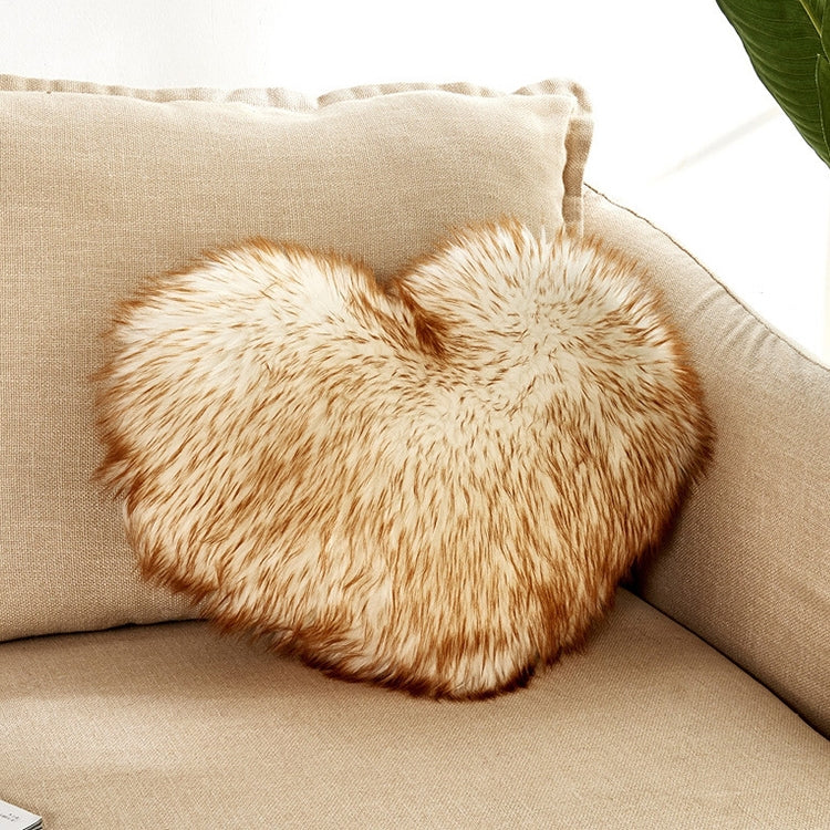 Heart-shaped faux fur cushion pillow, tan and cream plush pile
