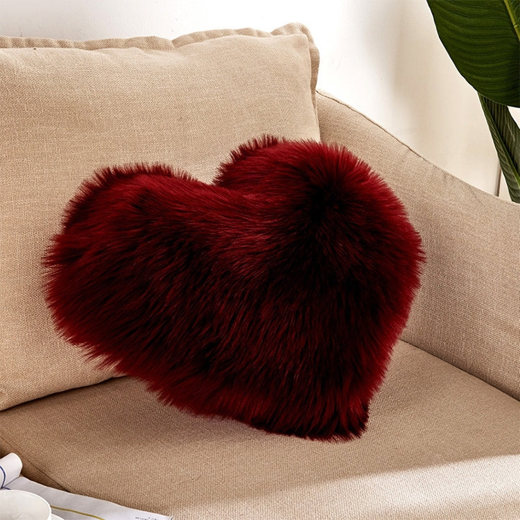 Heart-shaped faux fur cushion pillow, dark red plush, 40x50 cm cover