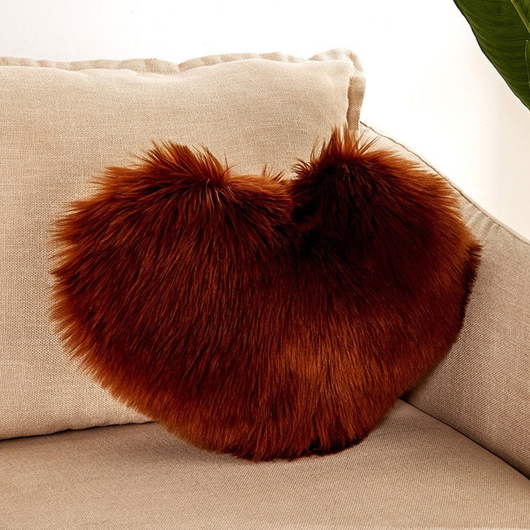 Heart-shaped faux fur cushion pillow, rust brown plush, 40x50 cm cover