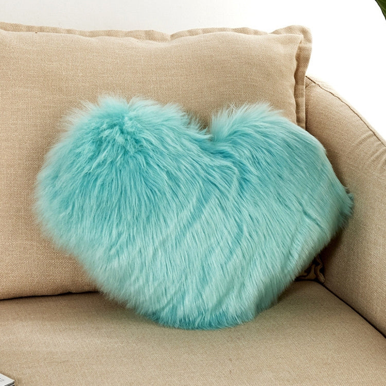 Heart-shaped faux fur cushion pillow, light turquoise plush, 40x50 cm cover