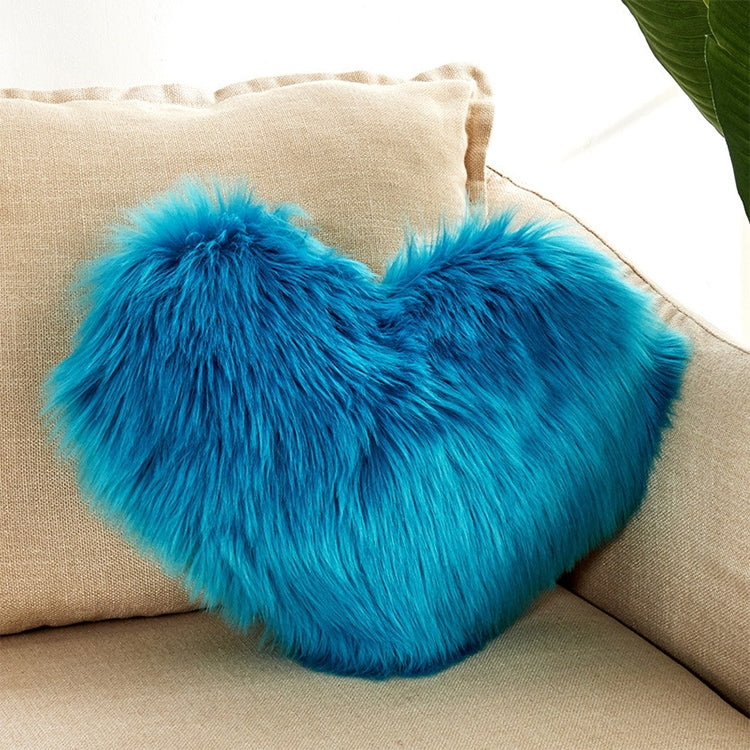 Heart-shaped faux fur cushion pillow, bright blue plush, 40x50 cm cover