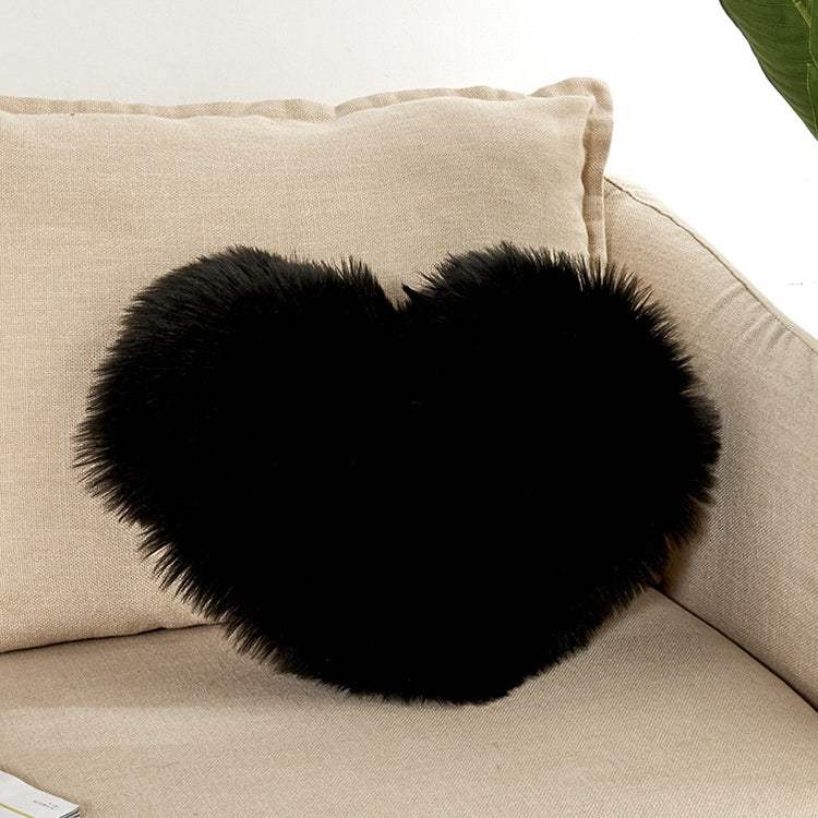 Heart-shaped faux fur cushion pillow, black plush, 40x50 cm cover