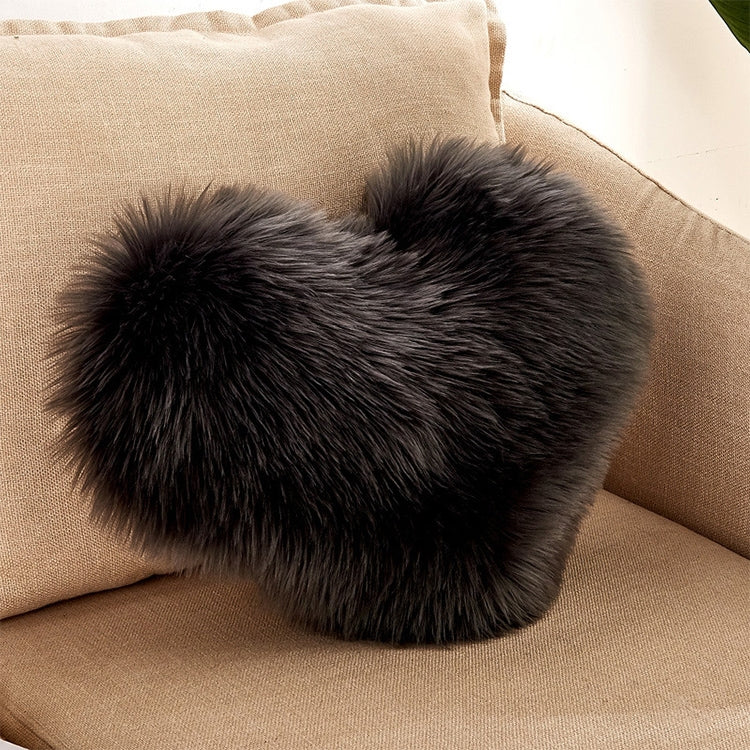 Heart-shaped faux fur cushion pillow, dark gray plush, 40x50 cm cover