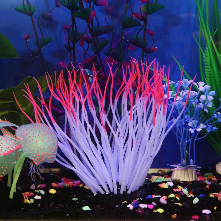 Coral tree aquarium ornament with dense pink and purple tips, white-to-light blue strands, base